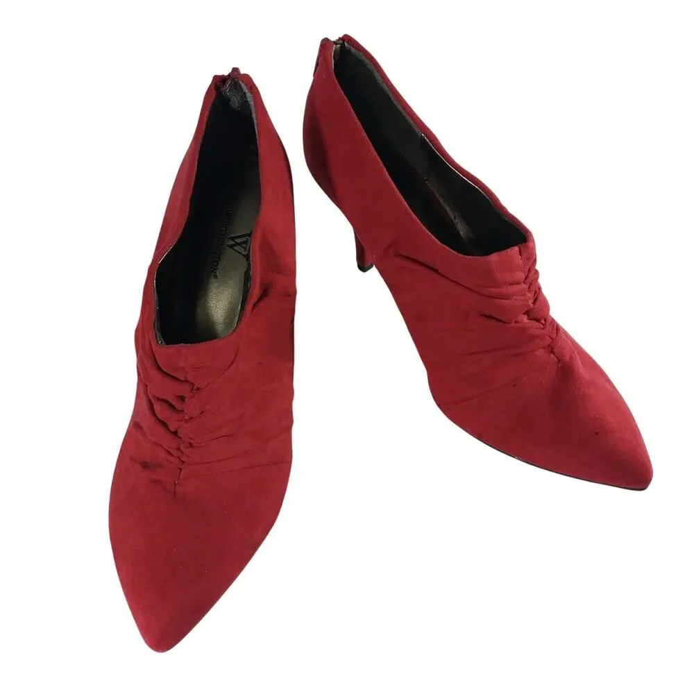 WORTHINGTON! ROUGE RED VEGAN SUEDE SCRUNCHY BACK HEEL ZIPPER BOOTIES! SZ 8.5M